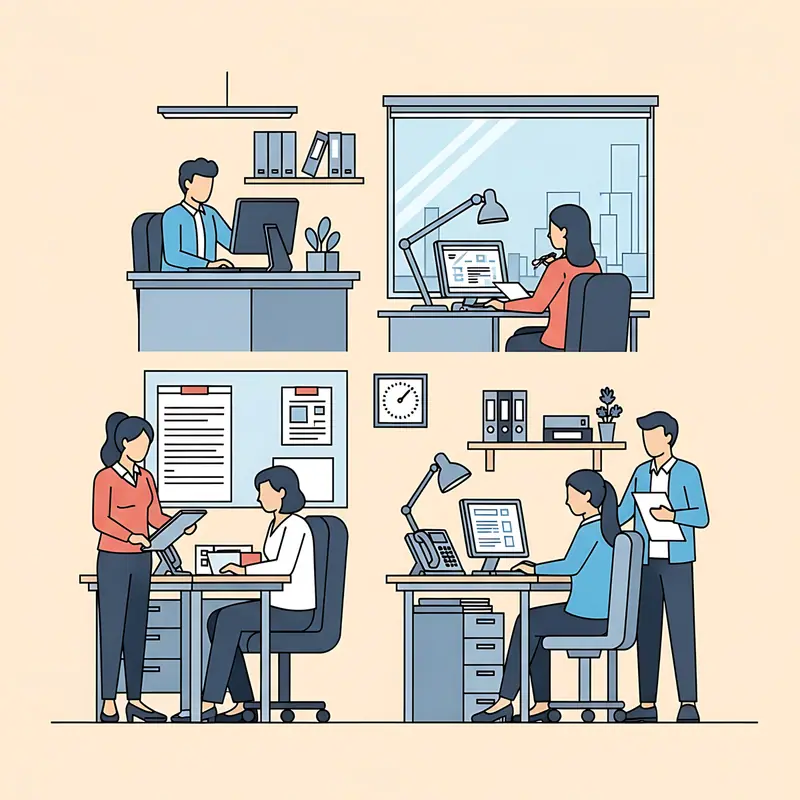 An illustration of people at work in an office: at desks, at a noticeboard and checking a document together