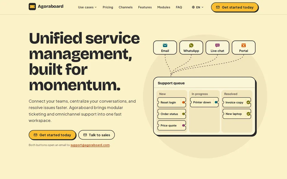 The Agoraboard home page, with email, WhatsApp, live chat and portal flowing into one support queue