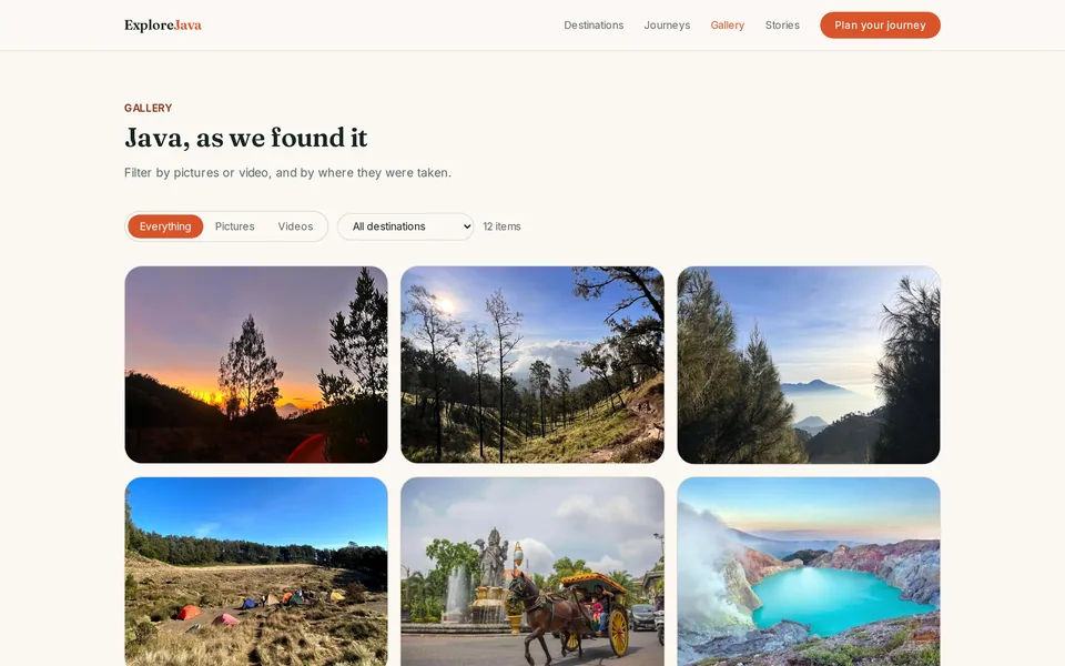 The Explore Java gallery, with filters for pictures, videos and destination above photos of Java