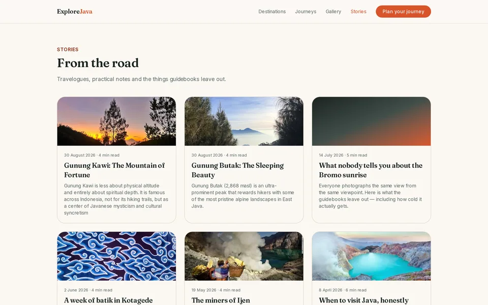 The Explore Java stories page, with articles about Gunung Kawi, Gunung Butak and the Bromo sunrise