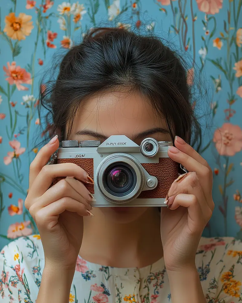 A woman holding a camera up to her face against a wall of painted flowers