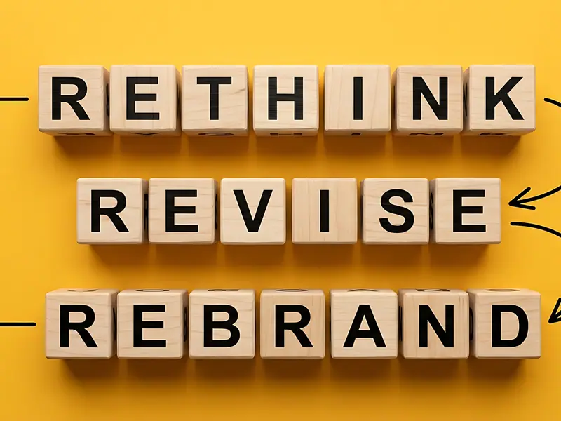 Wooden blocks spelling rethink, revise, rebrand on a yellow background