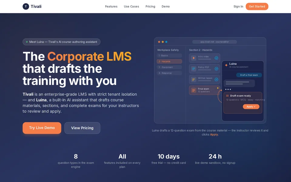 The Tivali home page, with a course editor where Luina drafts a final exam